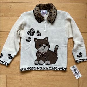 NWT- Vintage Heartworks 90s Collared Sweater, dog, heart, fur, zipper, Med 10/12
